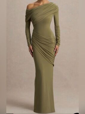 Club L London Olive One-Shoulder Ruched Long Sleeve Gown